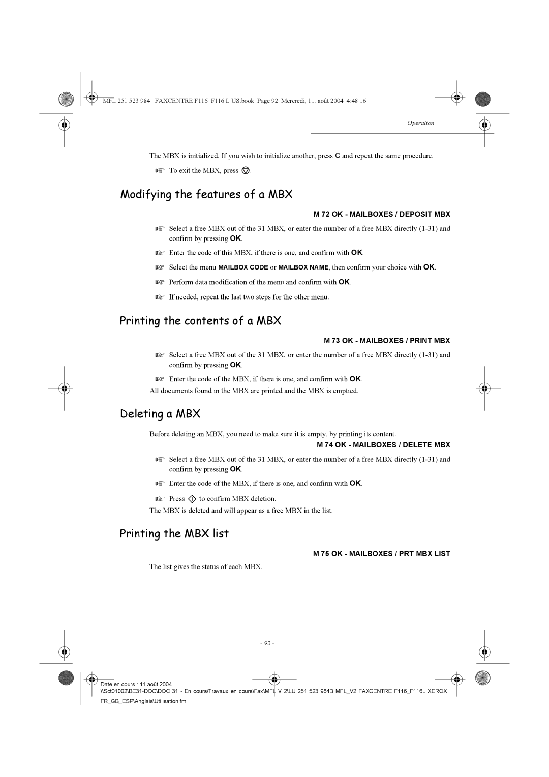 Xerox F116 Modifying the features of a MBX, Printing the contents of a MBX, Deleting a MBX, Printing the MBX list 