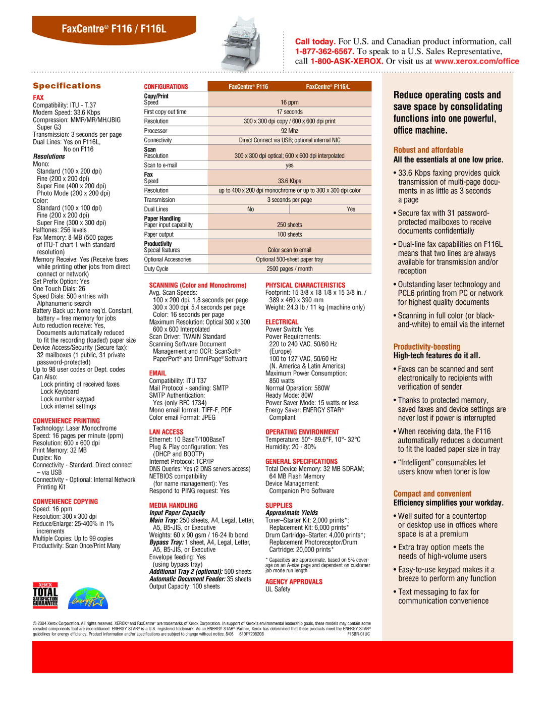 Xerox F116L manual Specifications, Robust and affordable, Productivity-boosting 