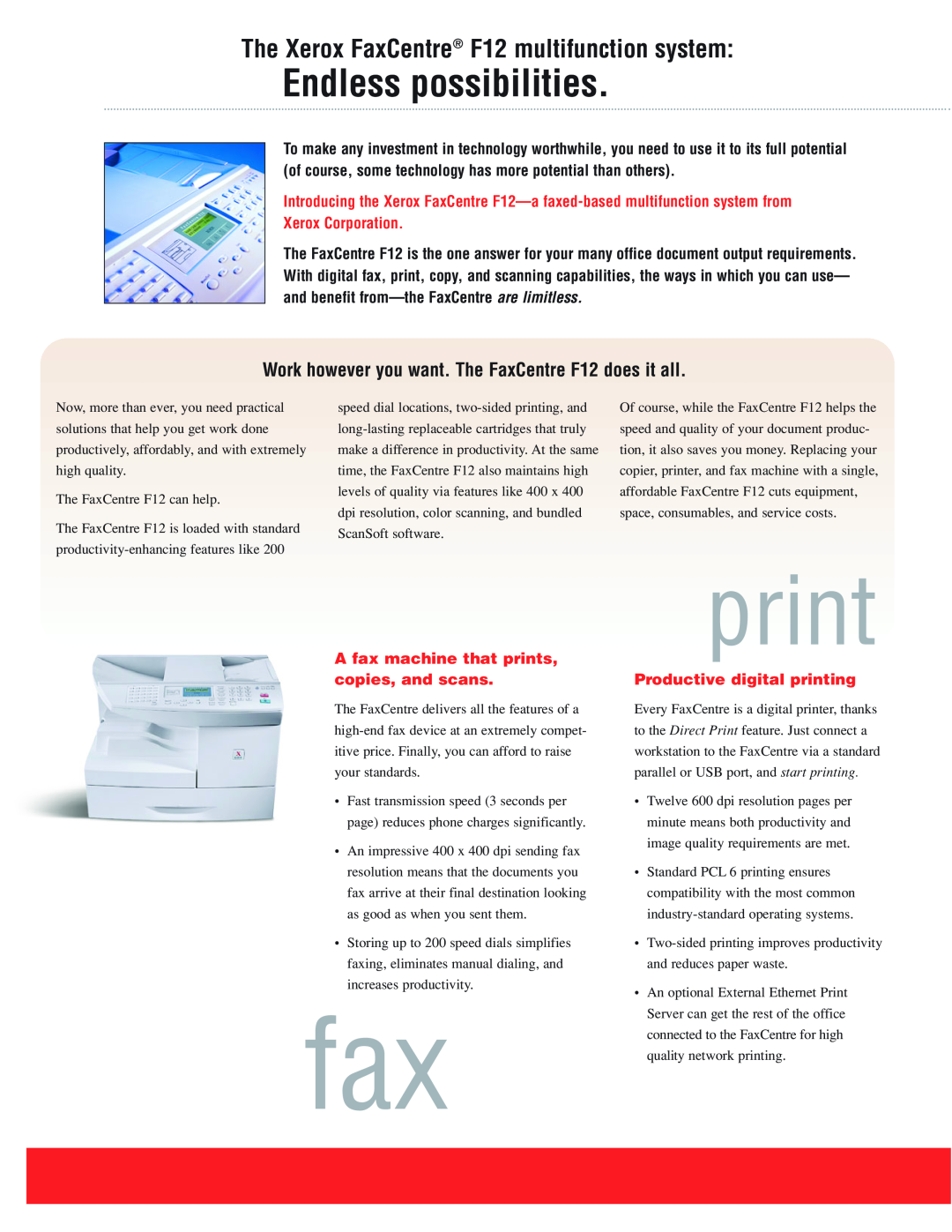 Xerox F12 manual Xerox Corporation, A fax machine that prints, copies, and scans, Productive digital printing 