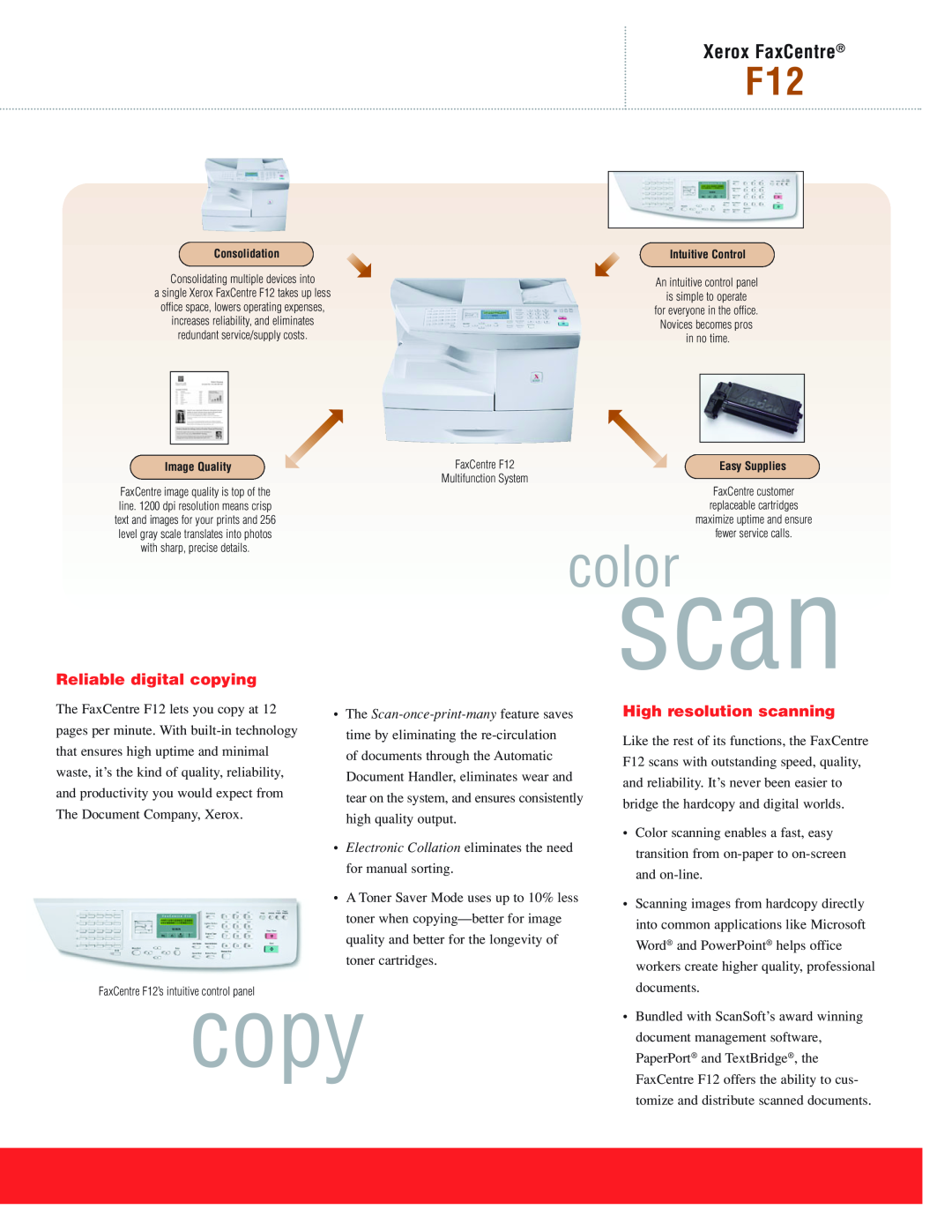 Xerox F12 manual Reliable digital copying, High resolution scanning, color, Xerox FaxCentre 
