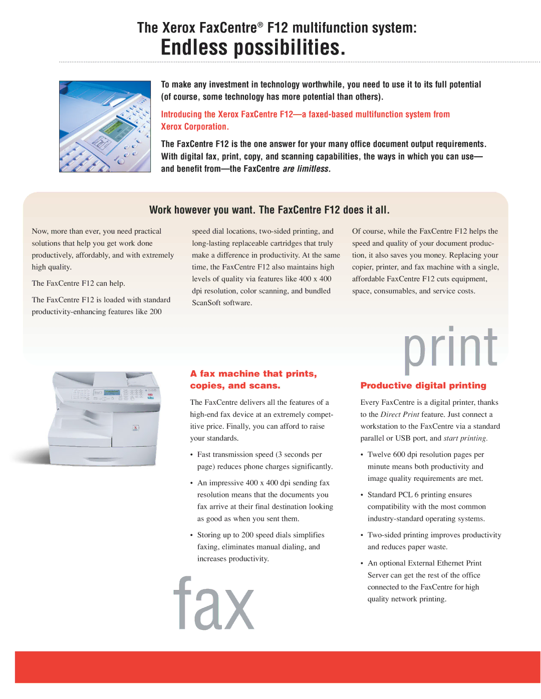 Xerox F12 manual Print, Fax machine that prints, copies, and scans, Productive digital printing 