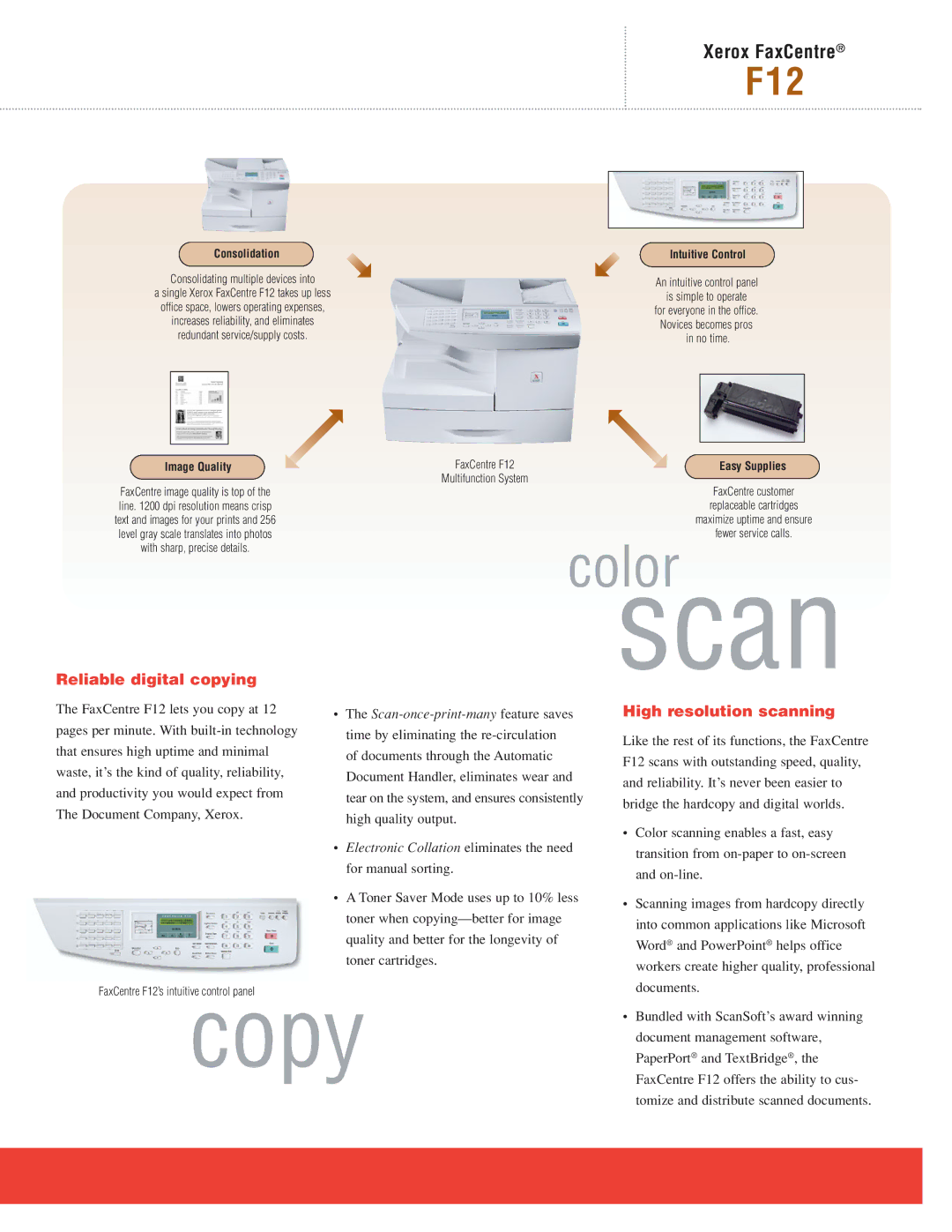 Xerox F12 manual Copy, Reliable digital copying, High resolution scanning 