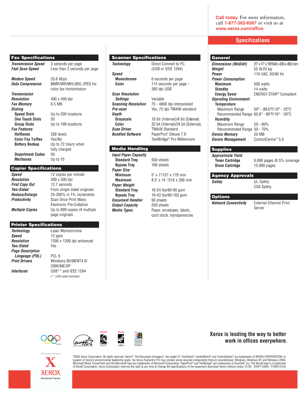 Xerox F12 manual Specifications 