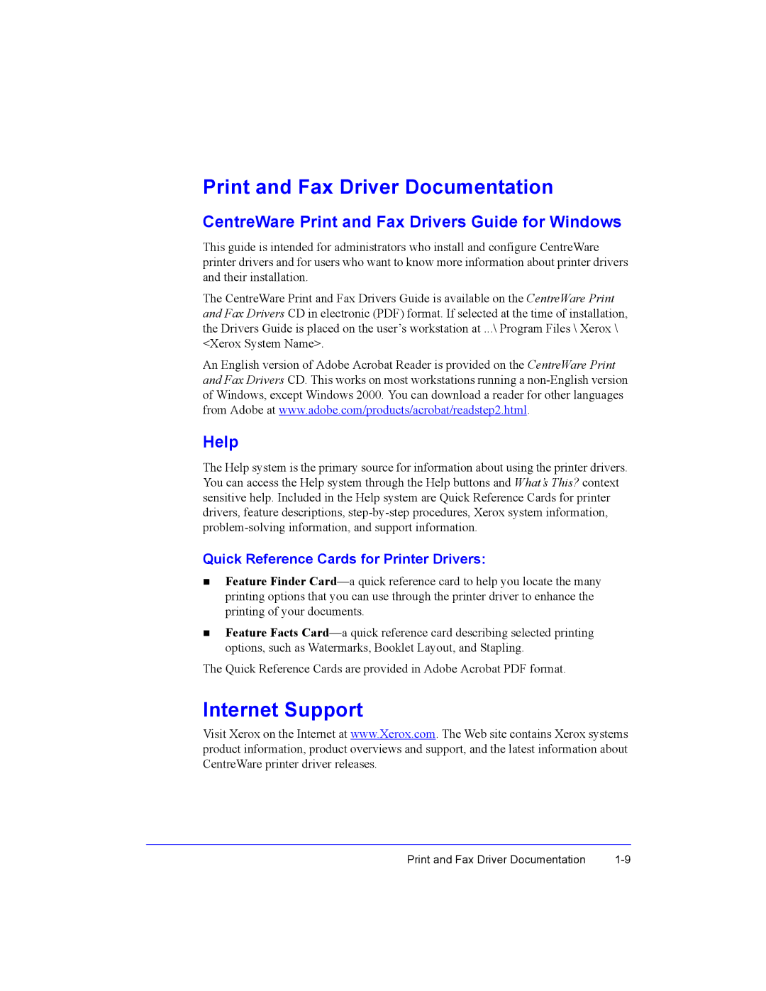 Xerox Fax Machine Print and Fax Driver Documentation, Internet Support, CentreWare Print and Fax Drivers Guide for Windows 