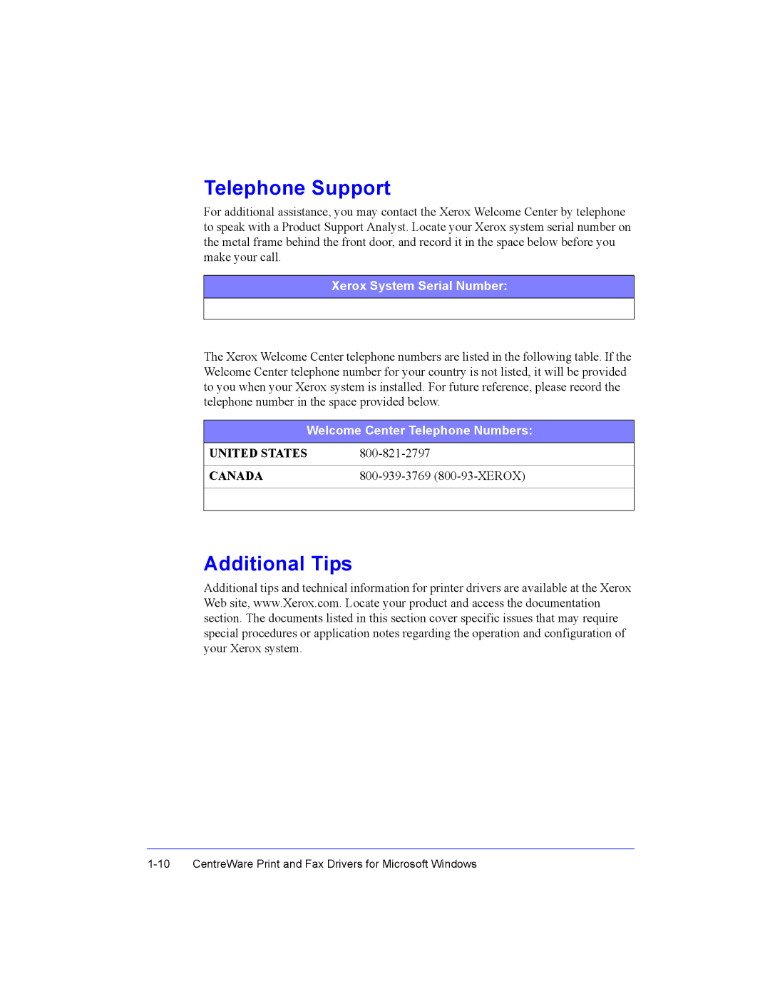 Xerox Fax Machine manual Telephone Support, Additional Tips 