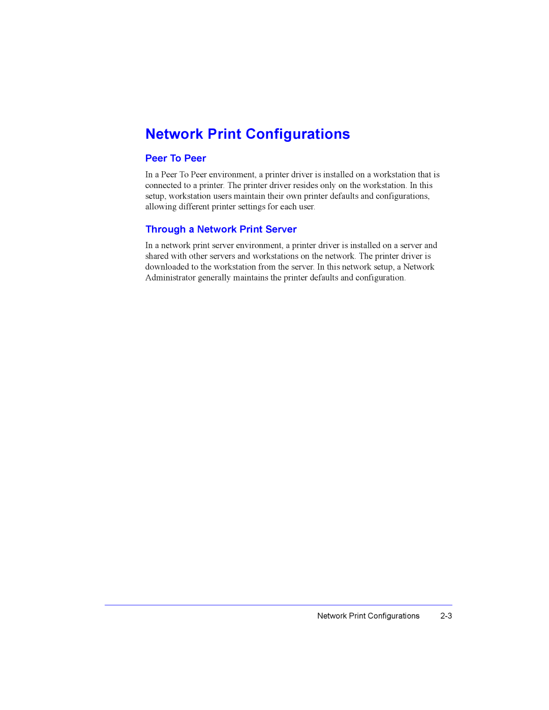 Xerox Fax Machine manual Network Print Configurations, Peer To Peer, Through a Network Print Server 