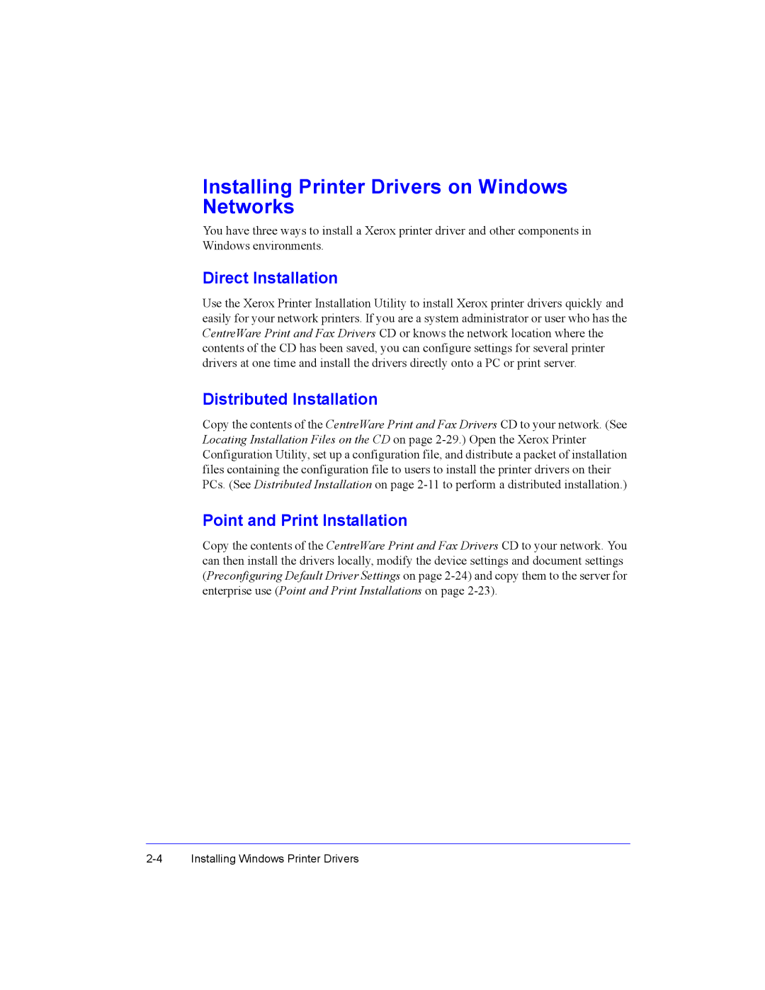 Xerox Fax Machine manual Installing Printer Drivers on Windows Networks, Direct Installation, Distributed Installation 