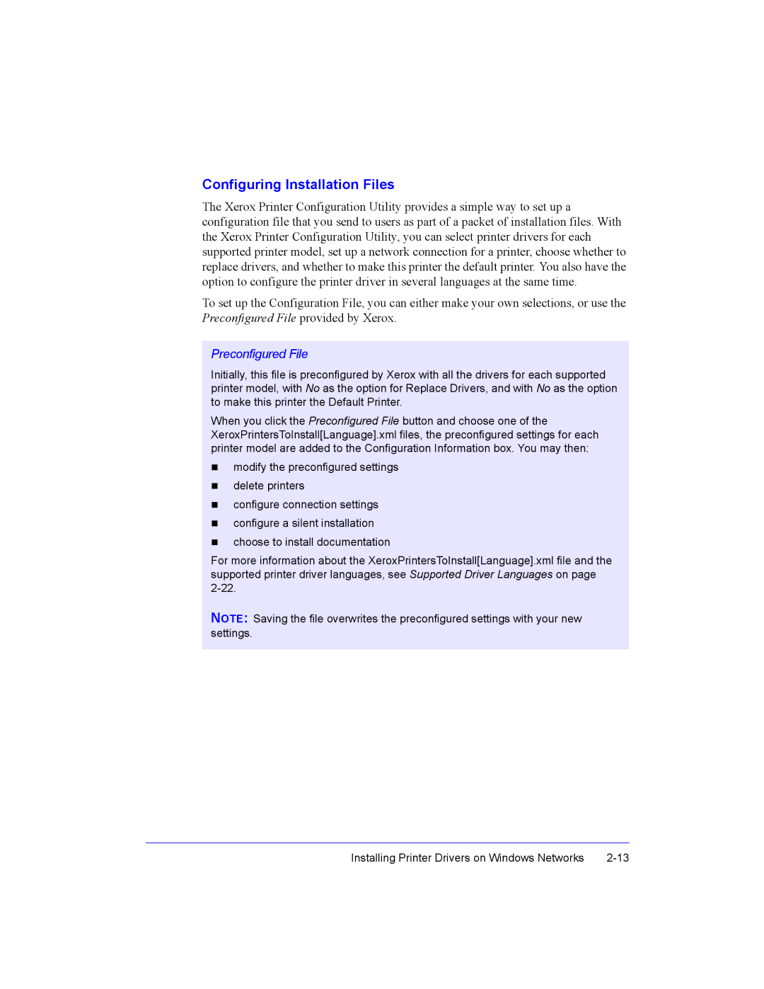 Xerox Fax Machine manual Configuring Installation Files, Preconfigured File 