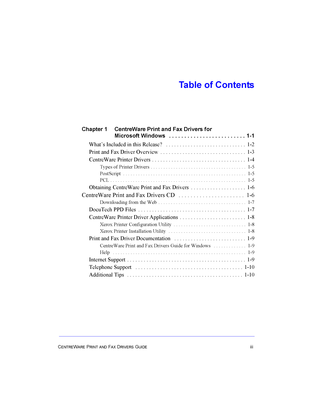 Xerox Fax Machine manual Table of Contents 