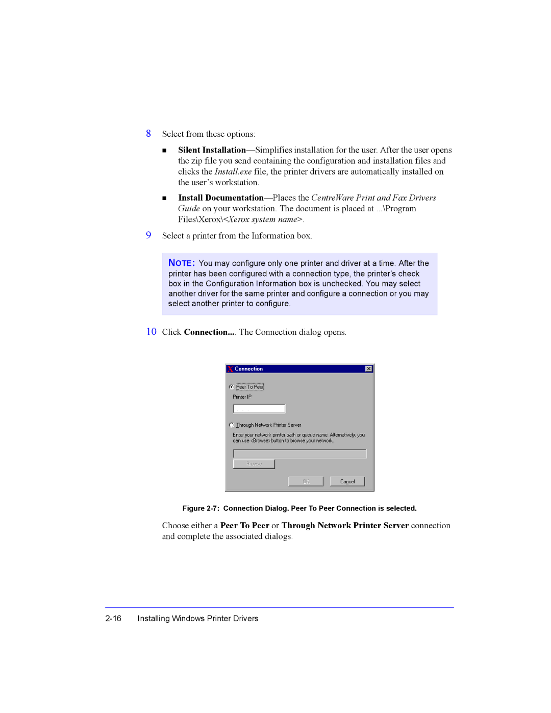 Xerox Fax Machine manual Connection Dialog. Peer To Peer Connection is selected 