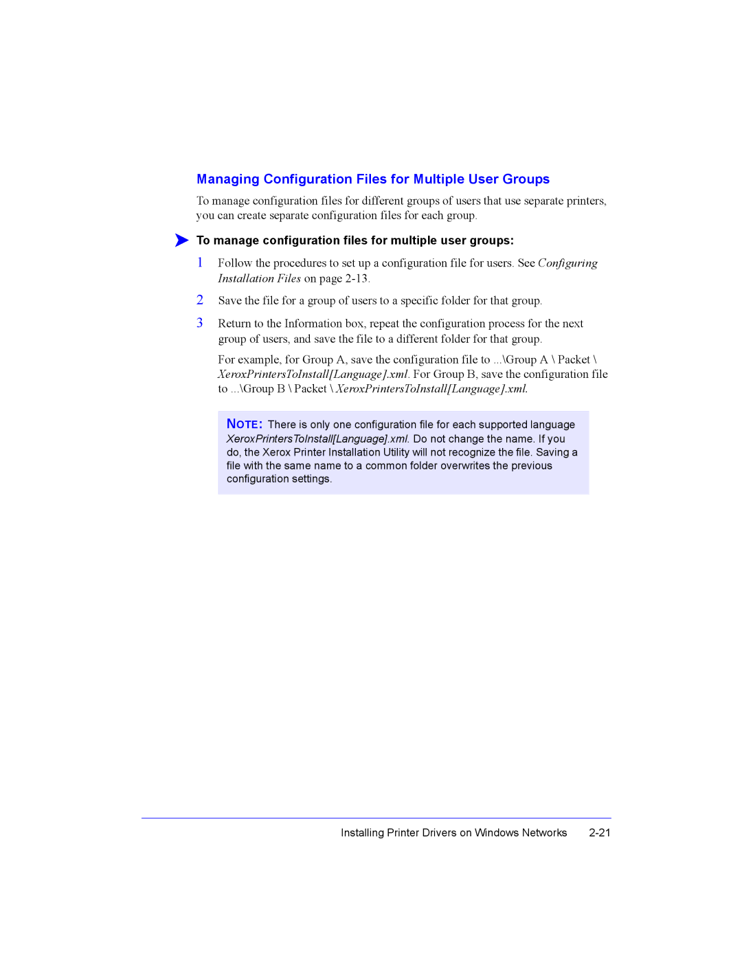 Xerox Fax Machine manual Managing Configuration Files for Multiple User Groups 