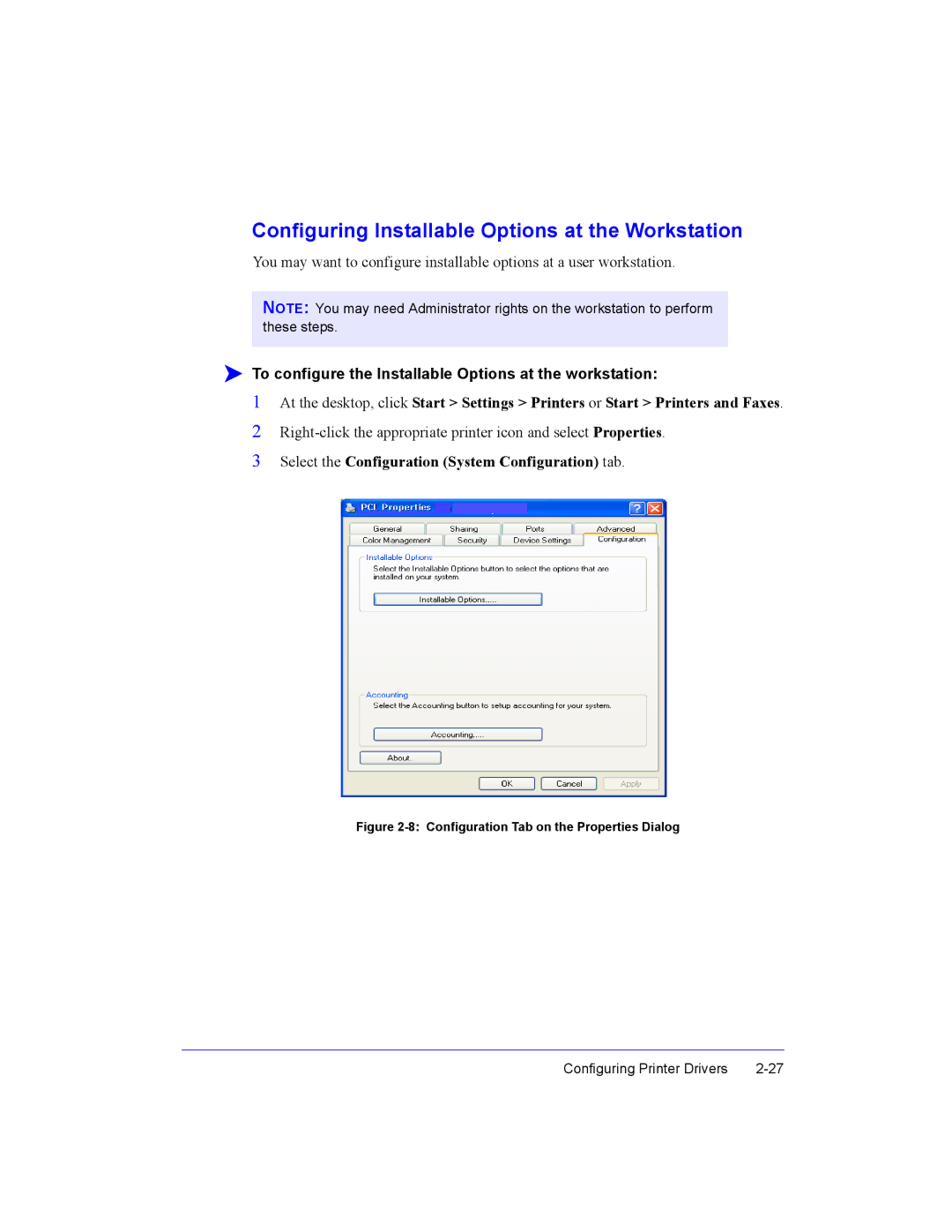 Xerox Fax Machine manual Configuring Installable Options at the Workstation 