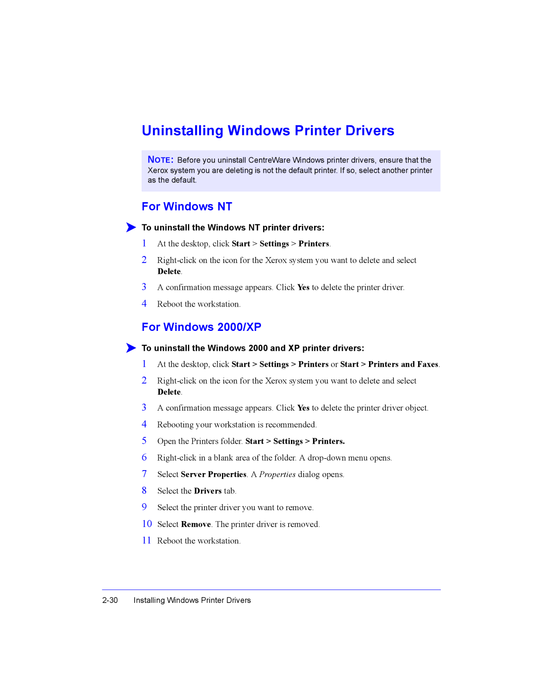 Xerox Fax Machine manual Uninstalling Windows Printer Drivers, For Windows NT, For Windows 2000/XP 