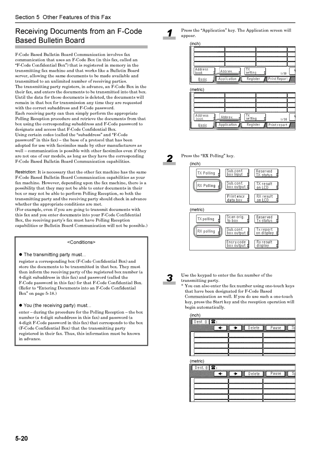 Xerox FAX System (J) manual Receiving Documents from an F-Code Based Bulletin Board, Conditions Transmitting party must 