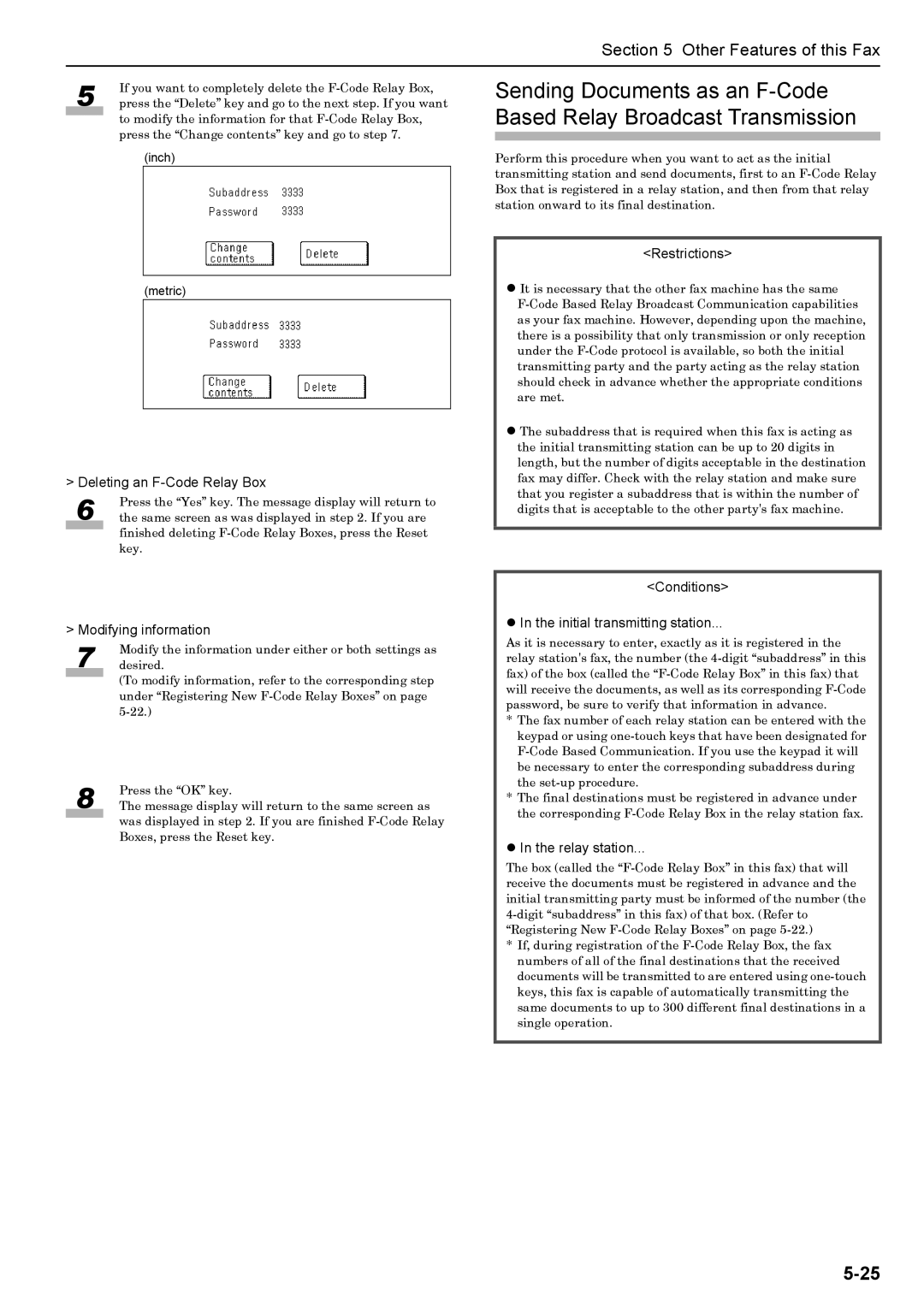 Xerox FAX System (J) Deleting an F-Code Relay Box, Restrictions, Conditions Initial transmitting station, Relay station 