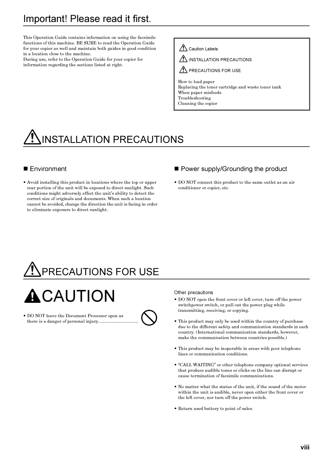 Xerox FAX System (J) manual Important! Please read it first, Other precautions 