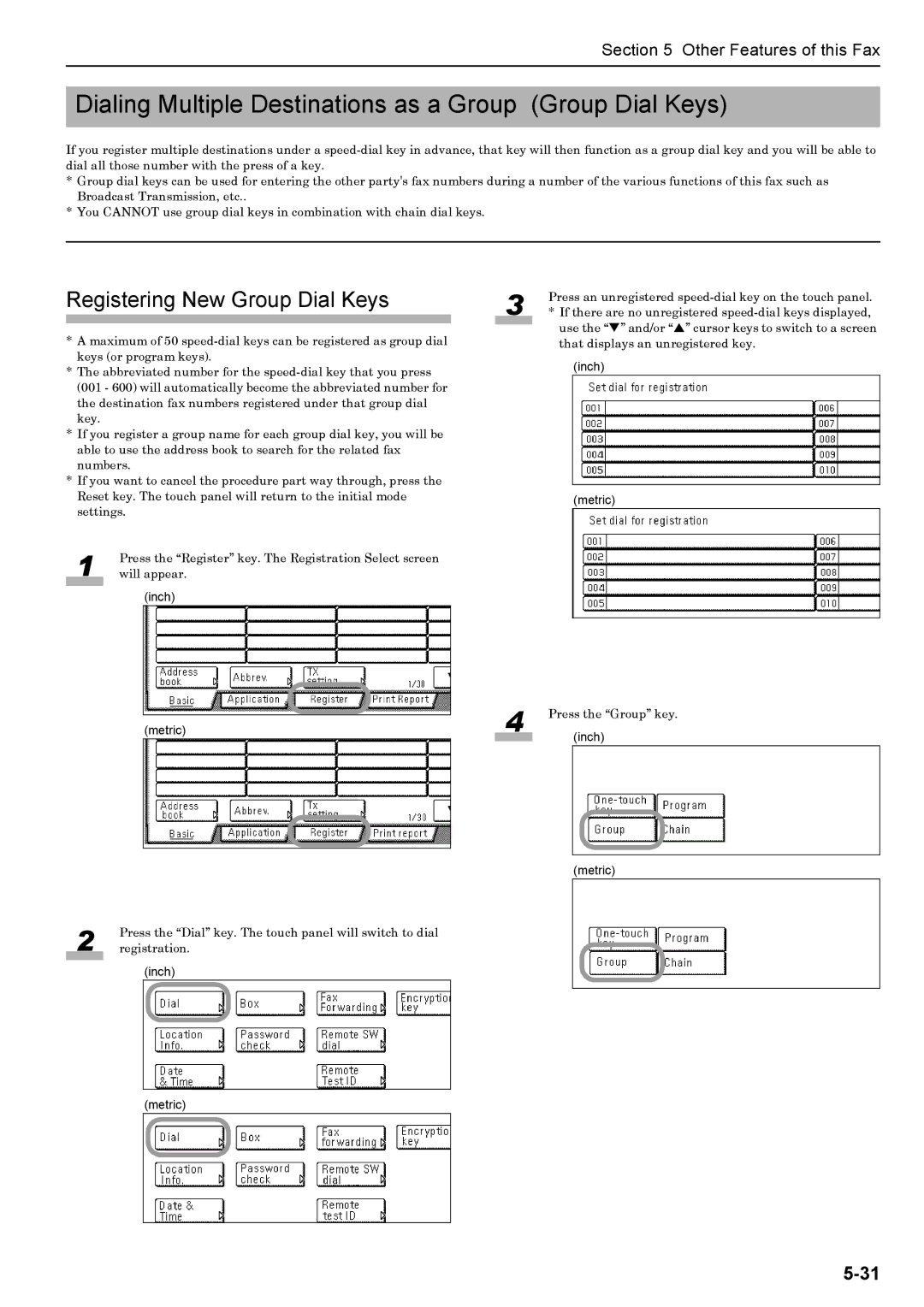 Xerox FAX System (J) manual Dialing Multiple Destinations as a Group Group Dial Keys, Registering New Group Dial Keys 