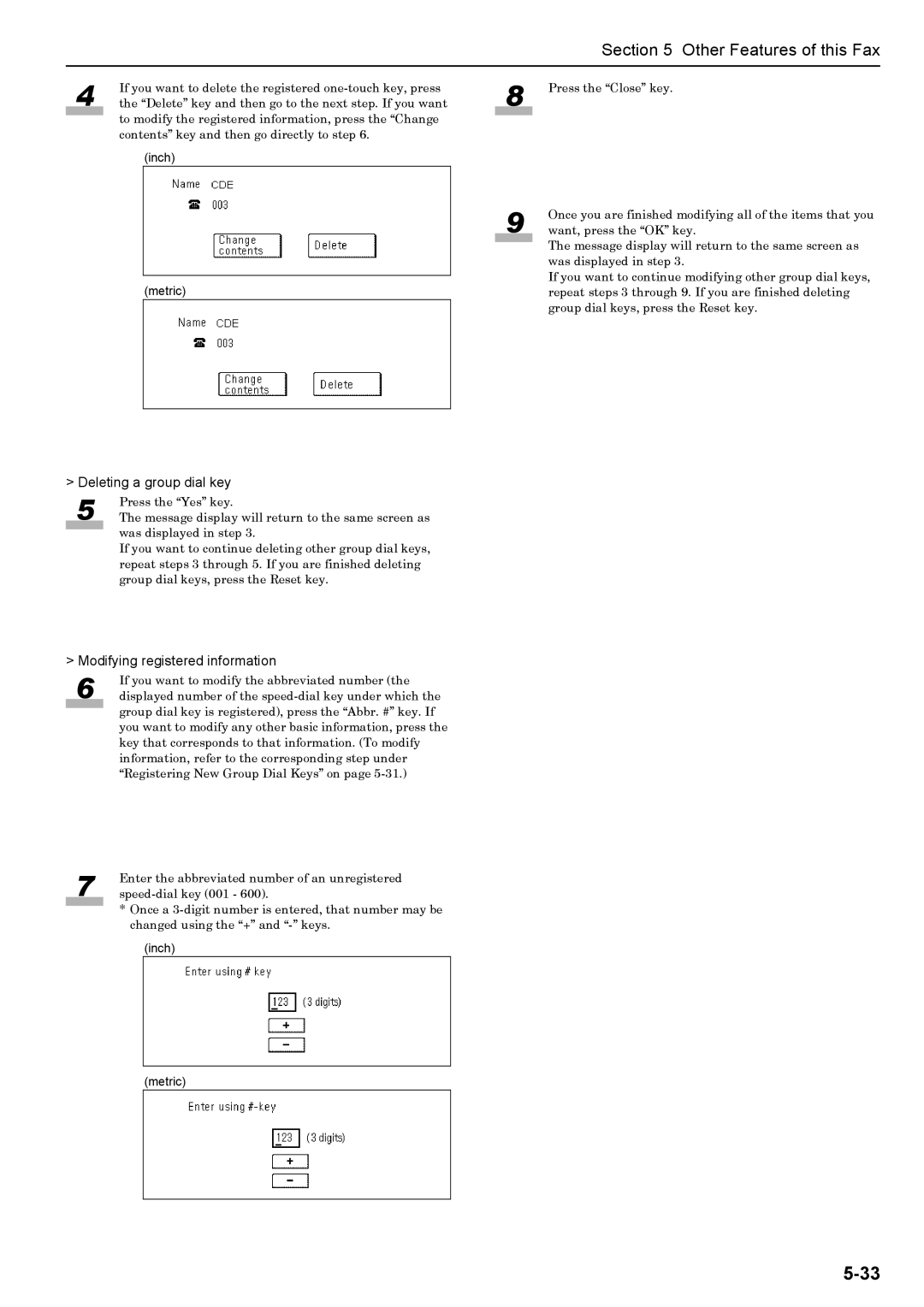 Xerox FAX System (J) manual Deleting a group dial key, Modifying registered information 