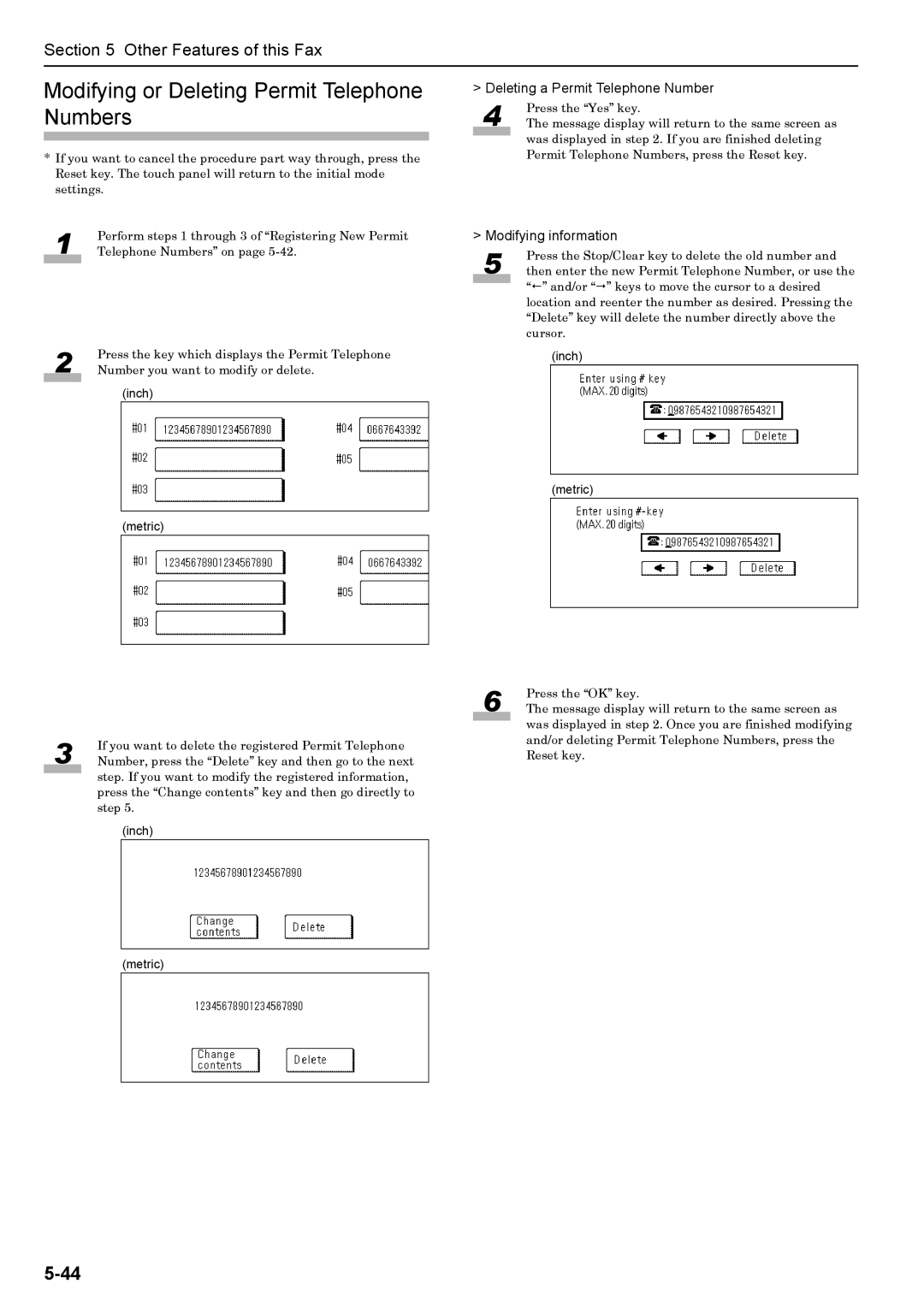 Xerox FAX System (J) manual Modifying or Deleting Permit Telephone Numbers, Deleting a Permit Telephone Number 