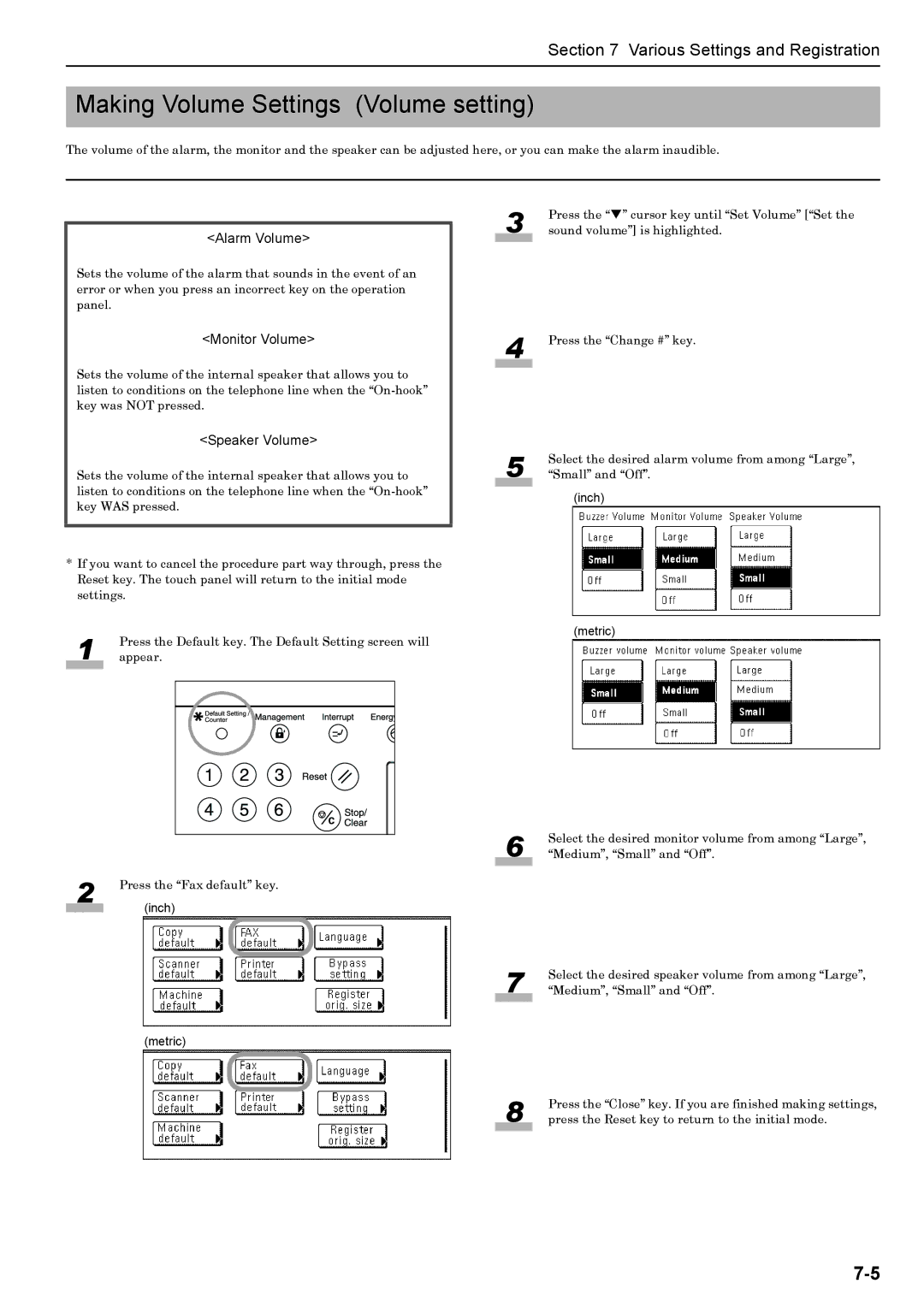 Xerox FAX System (J) manual Making Volume Settings Volume setting, Alarm Volume, Monitor Volume, Speaker Volume 