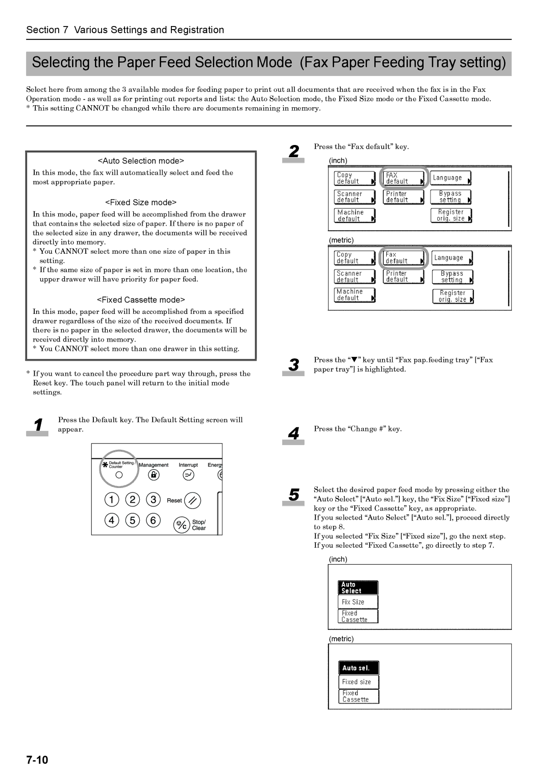 Xerox FAX System (J) manual Auto Selection mode, Fixed Size mode, Fixed Cassette mode 