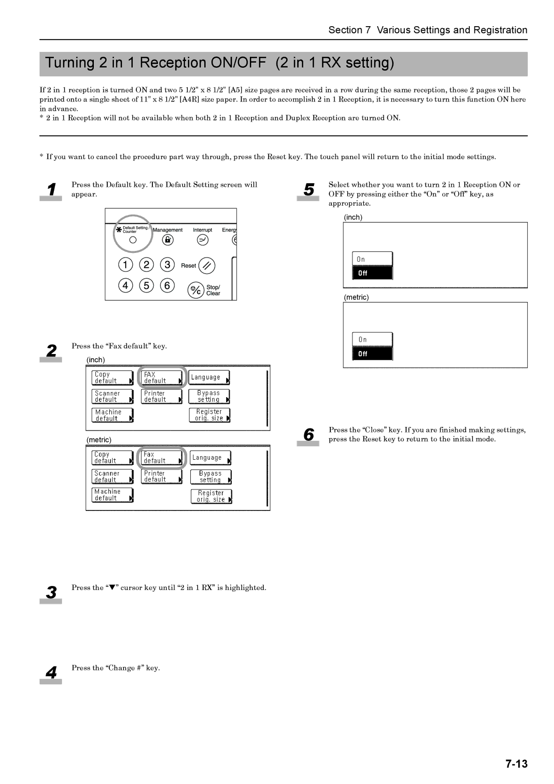 Xerox FAX System (J) manual Turning 2 in 1 Reception ON/OFF 2 in 1 RX setting 