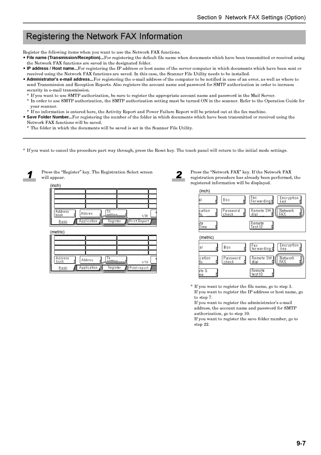 Xerox FAX System (J) manual Registering the Network FAX Information, Metric metric 