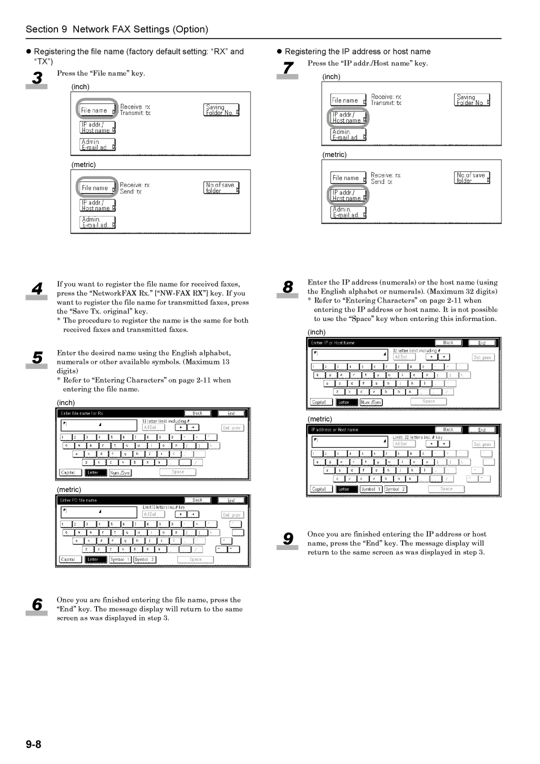 Xerox FAX System (J) Registering the file name factory default setting RX and TX, Registering the IP address or host name 