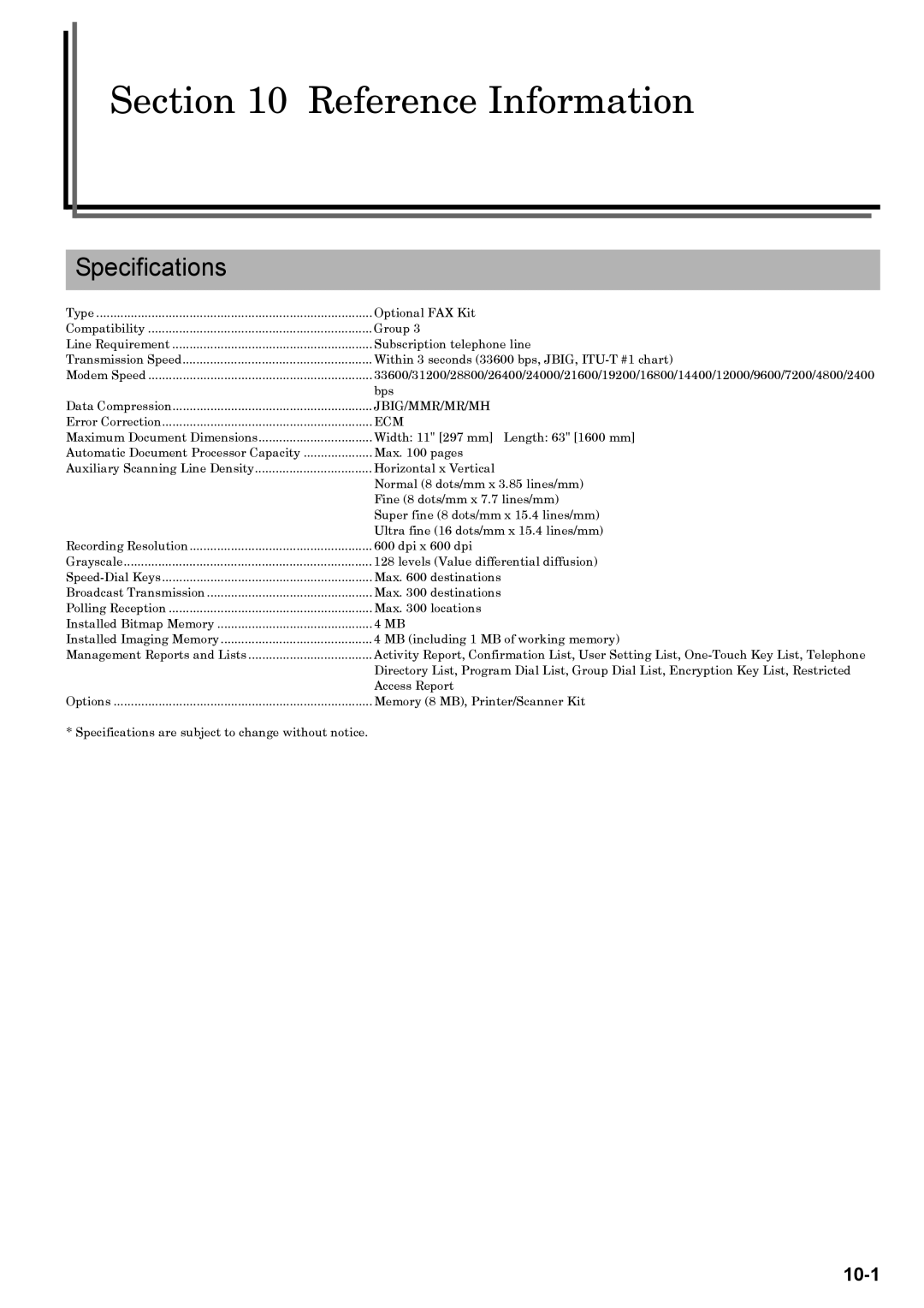 Xerox FAX System (J) manual Reference Information, Specifications 