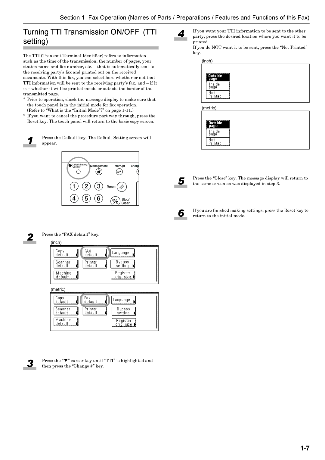 Xerox FAX System (J) manual Turning TTI Transmission ON/OFF TTI setting, Metric 