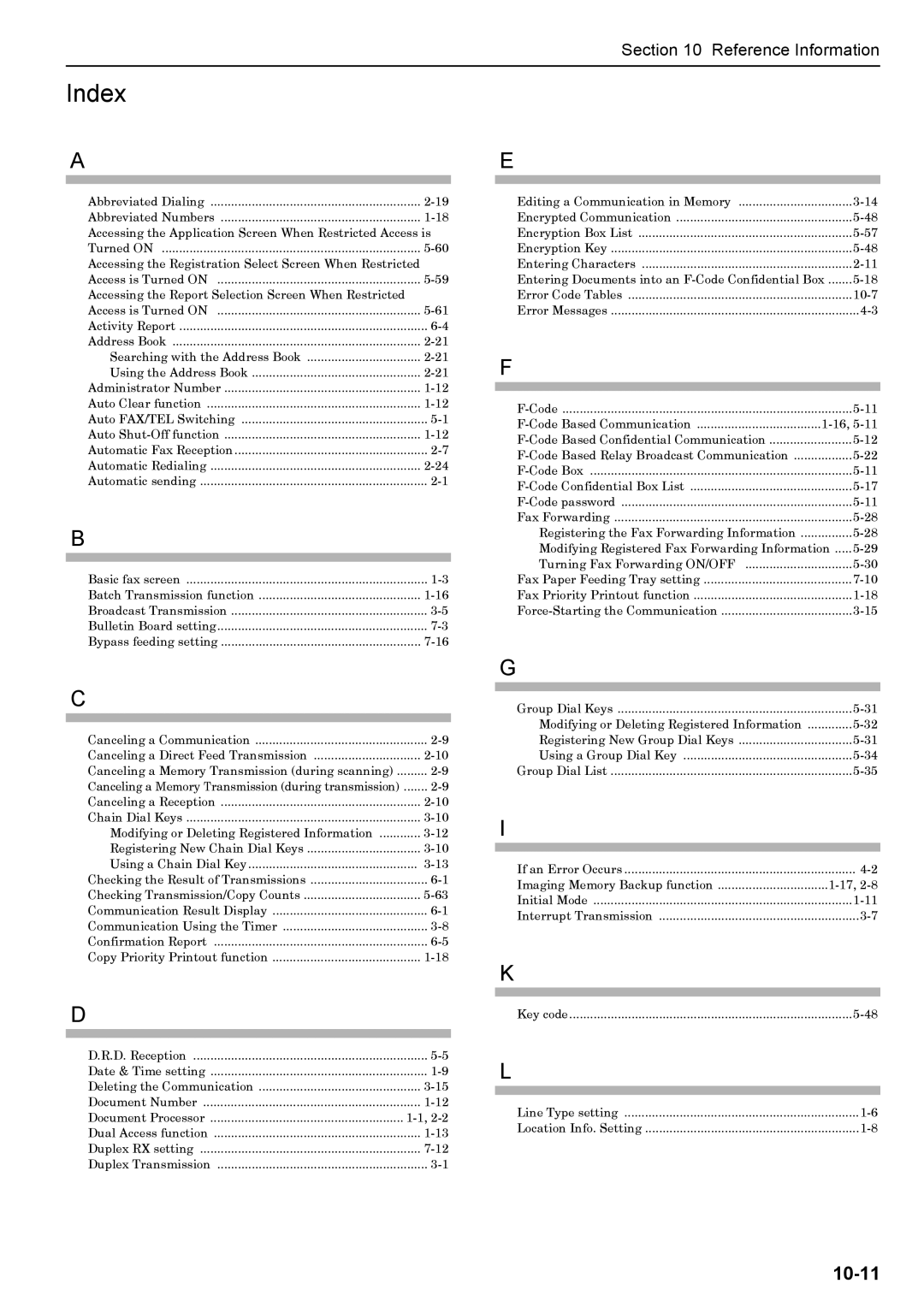 Xerox FAX System (J) manual Index, 10-11 