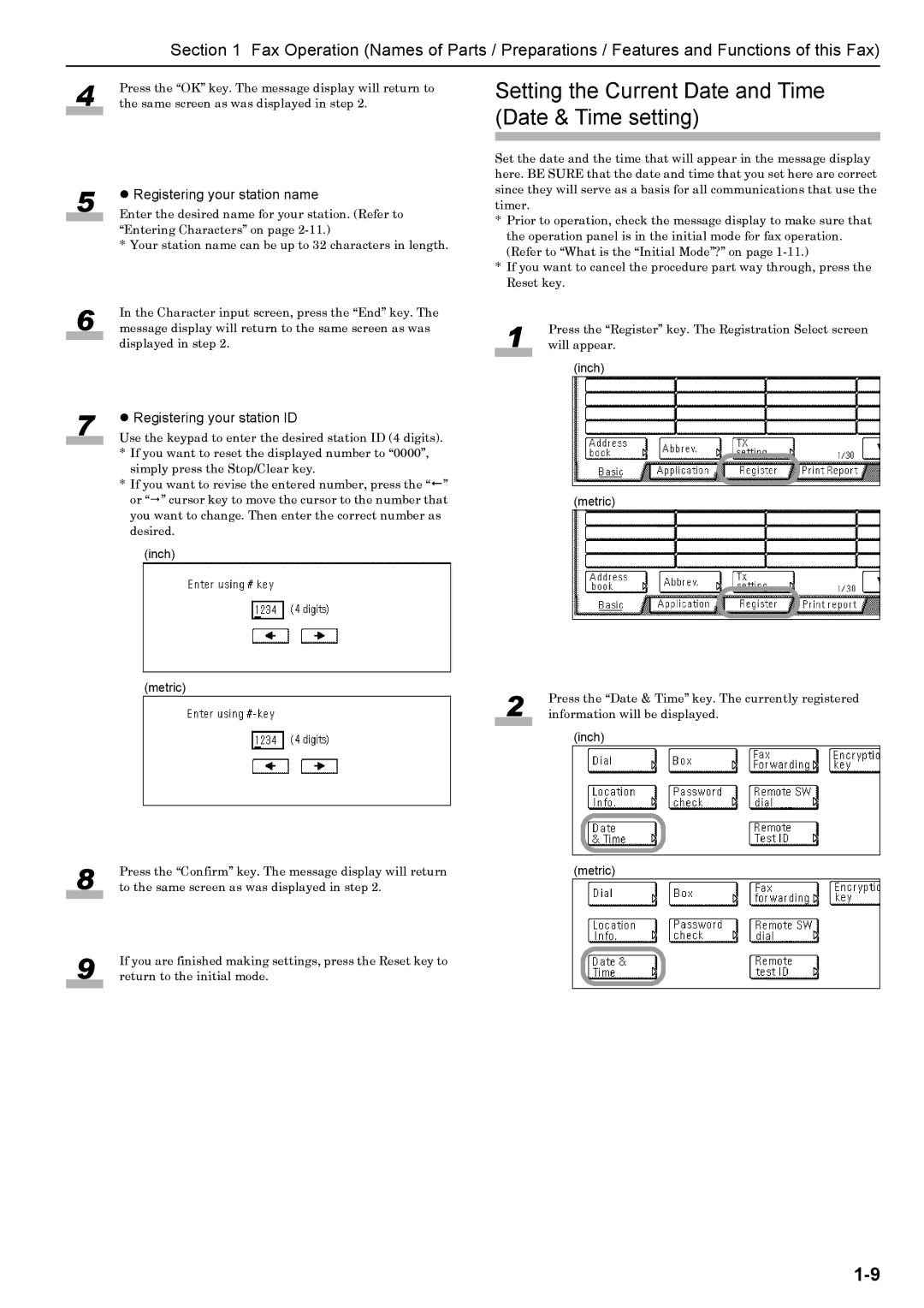 Xerox FAX System (J) manual Setting the Current Date and Time Date & Time setting, Registering your station name 