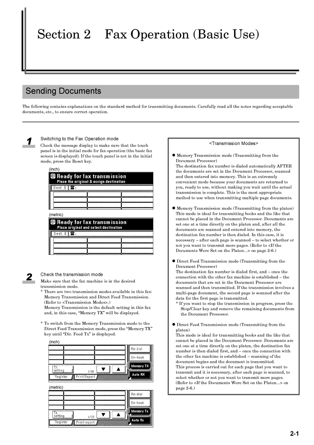 Xerox FAX System (J) manual Sending Documents, Switching to the Fax Operation mode, Check the transmission mode 