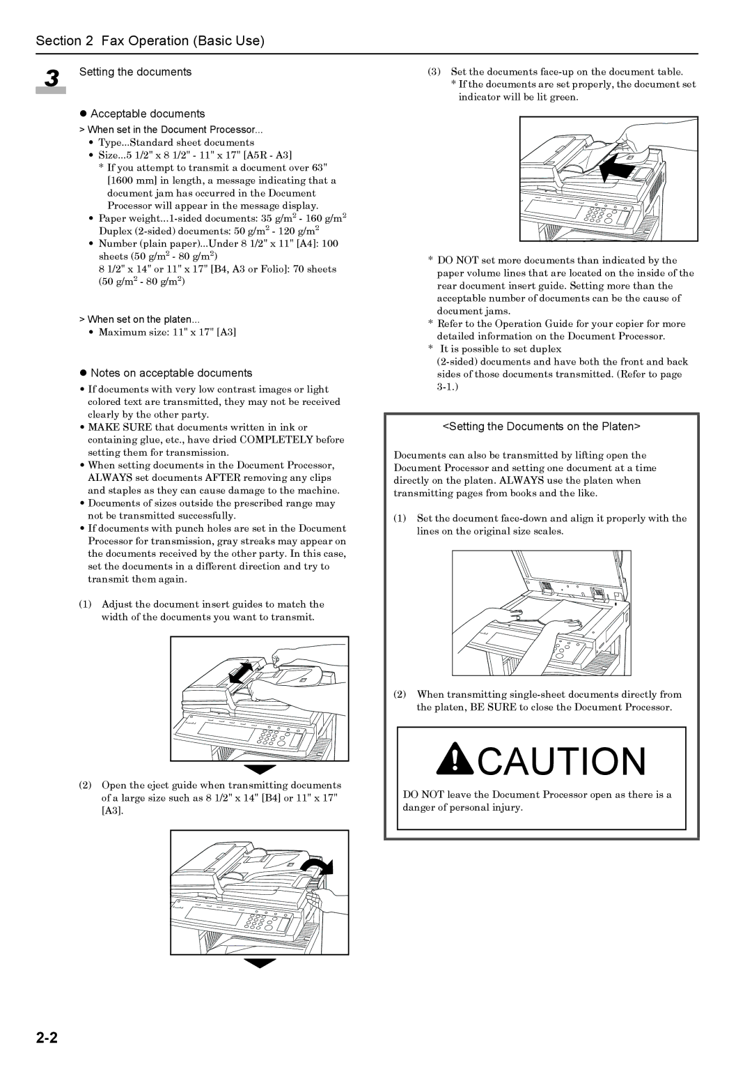 Xerox FAX System (J) manual Acceptable documents, Setting the Documents on the Platen 