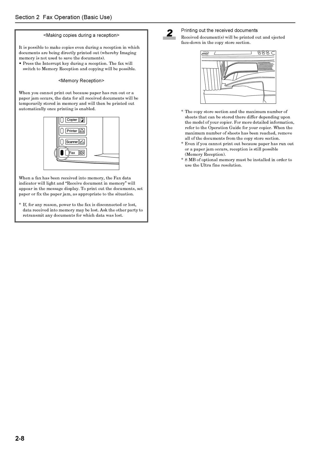 Xerox FAX System (J) manual Making copies during a reception, Memory Reception, Printing out the received documents 