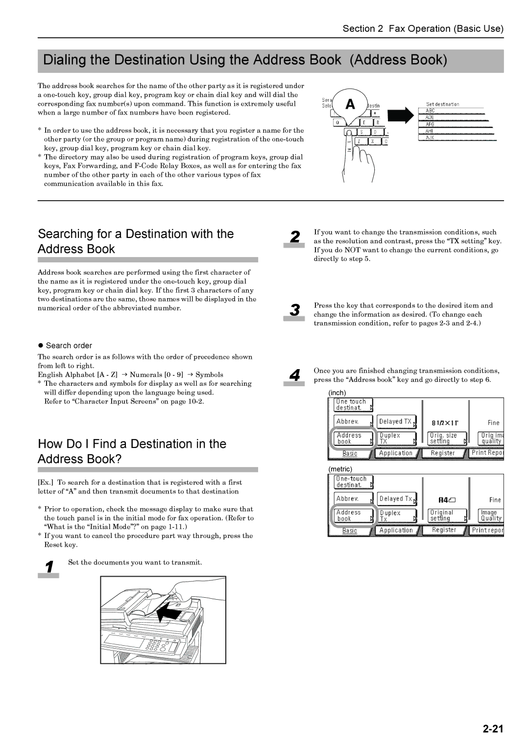 Xerox FAX System (J) manual Dialing the Destination Using the Address Book Address Book, Search order 