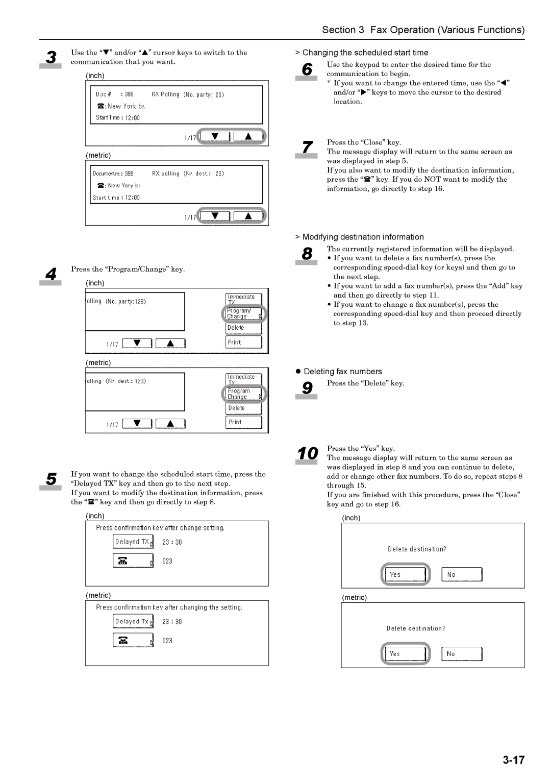 Xerox FAX System (J) manual Changing the scheduled start time, Modifying destination information, Deleting fax numbers 