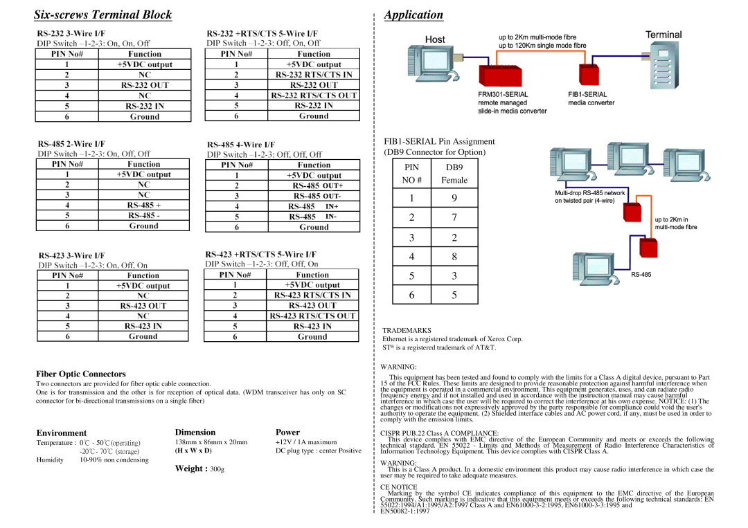 Xerox FIB1-SERIAL specifications Six-screwsTerminal Block, Application 