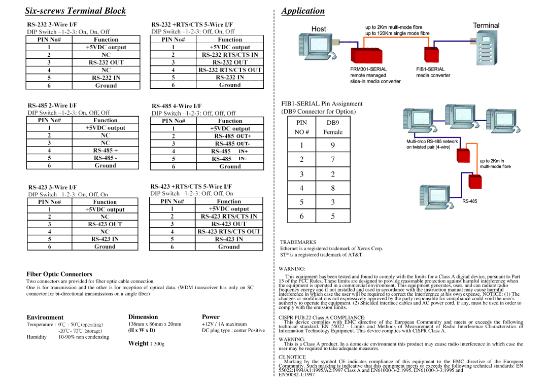 Xerox FIB1-SERIAL Six-screws Terminal Block, Fiber Optic Connectors, Environment Dimension Power, Weight 300g 