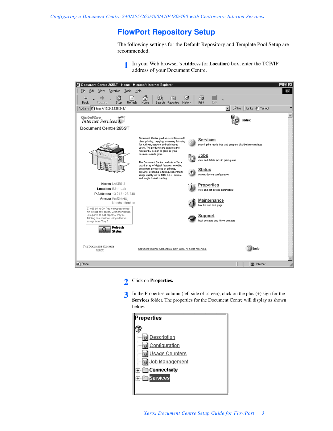 Xerox setup guide FlowPort Repository Setup, Click on Properties 