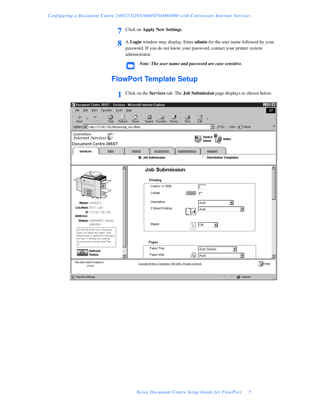 Xerox setup guide FlowPort Template Setup, Click on Apply New Settings 