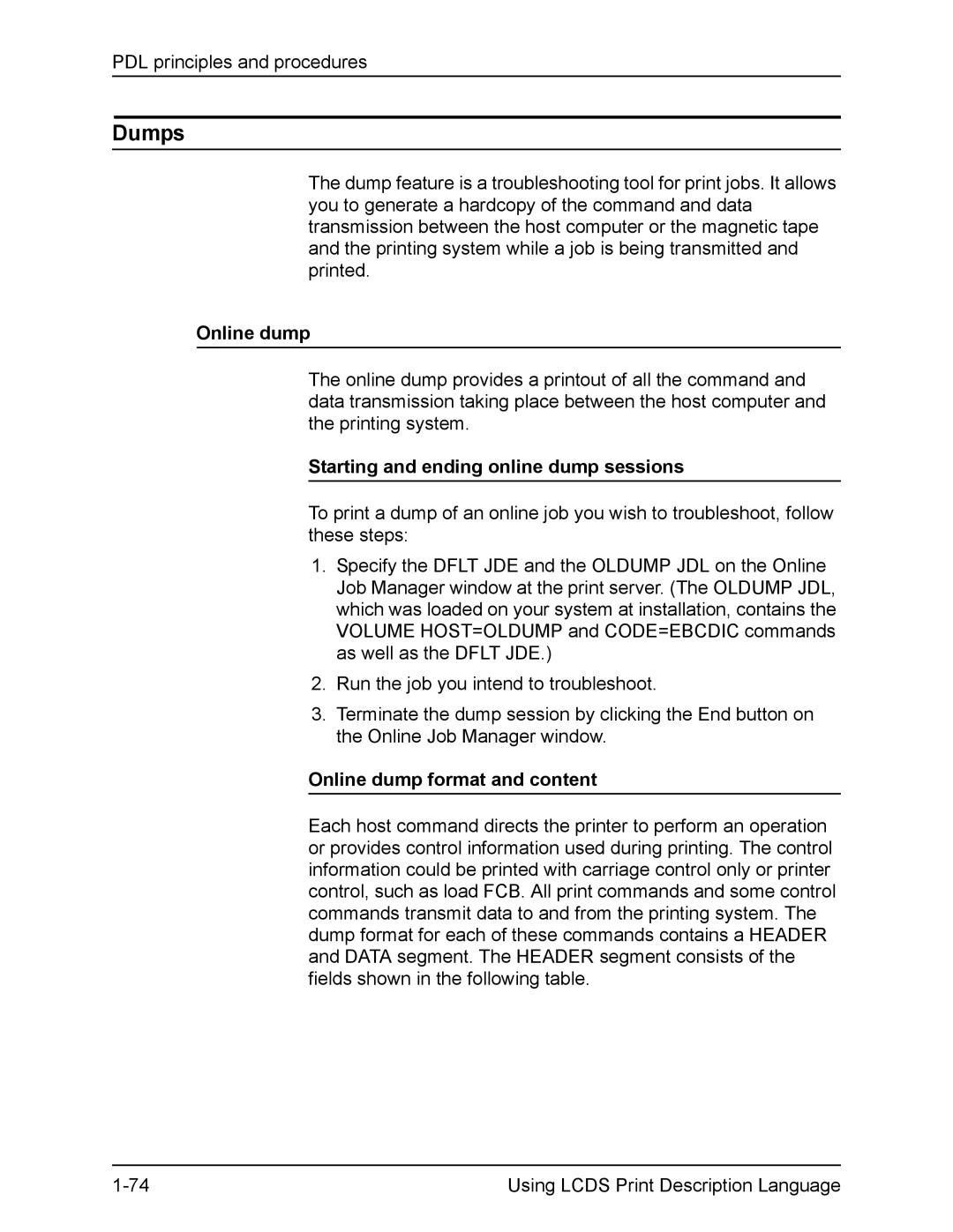 Xerox FreeFlow manual Dumps, Starting and ending online dump sessions, Online dump format and content 