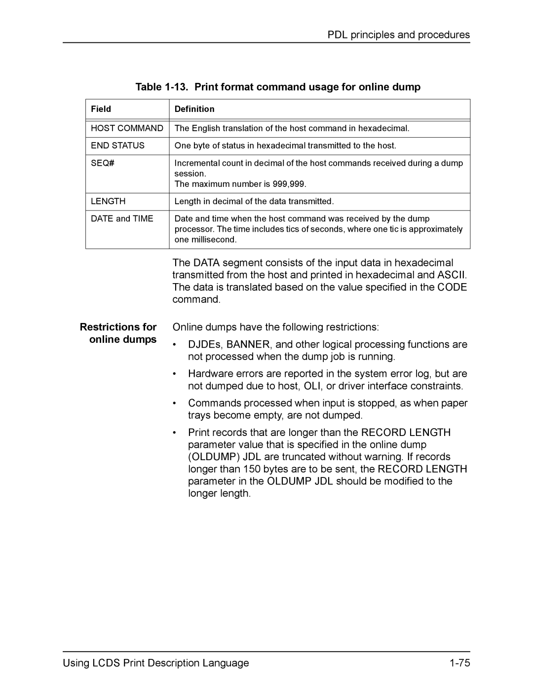 Xerox FreeFlow manual Print format command usage for online dump, Restrictions for online dumps 