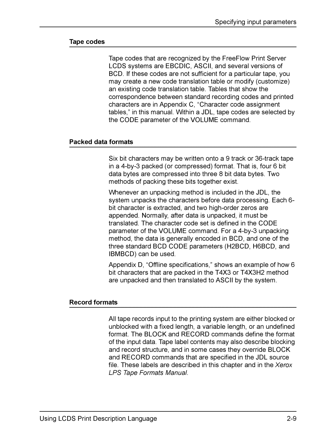 Xerox FreeFlow manual Tape codes, Packed data formats, Record formats 