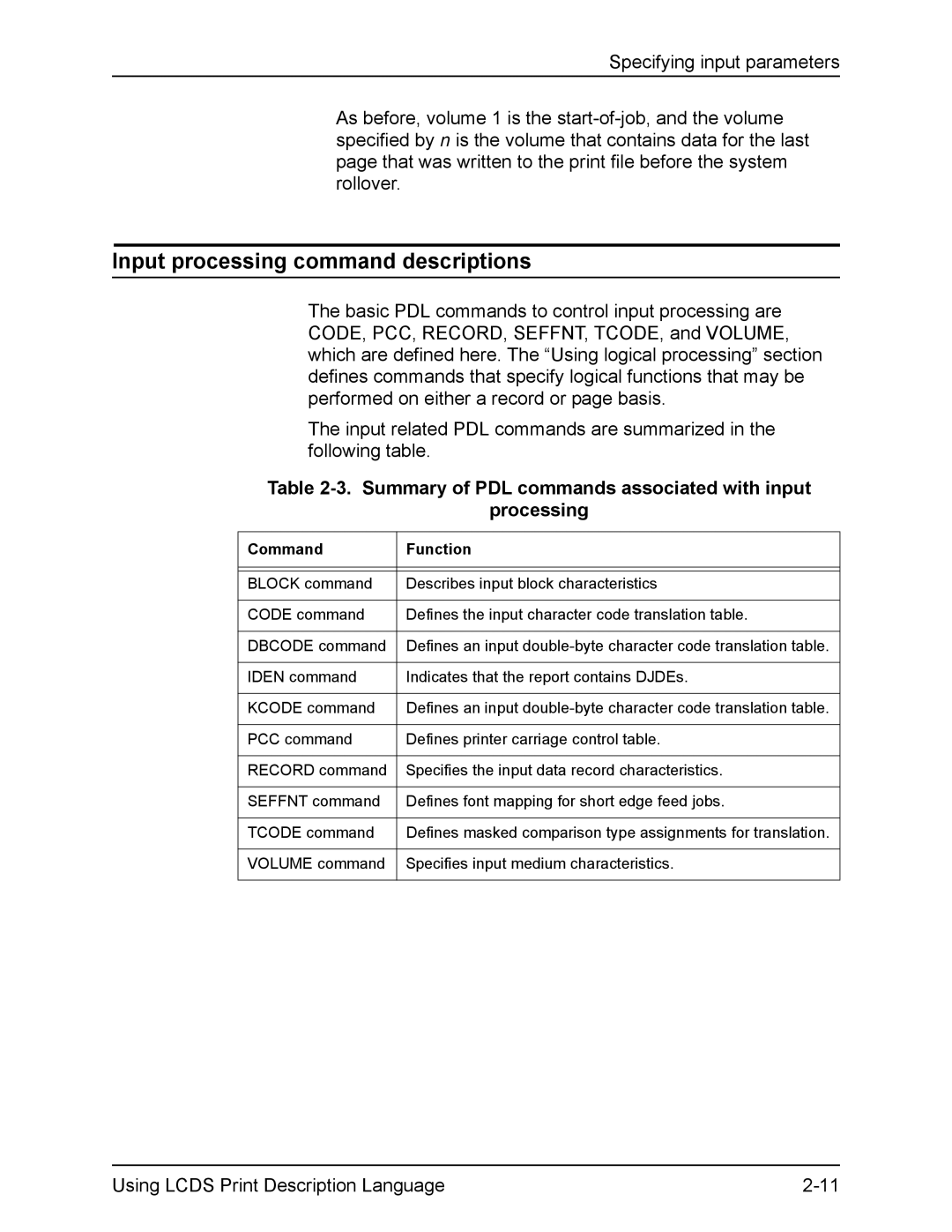 Xerox FreeFlow manual Input processing command descriptions, Summary of PDL commands associated with input Processing 