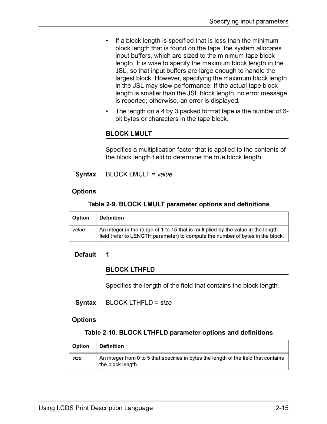 Xerox FreeFlow manual Options Block Lmult parameter options and definitions, Block Lthfld 