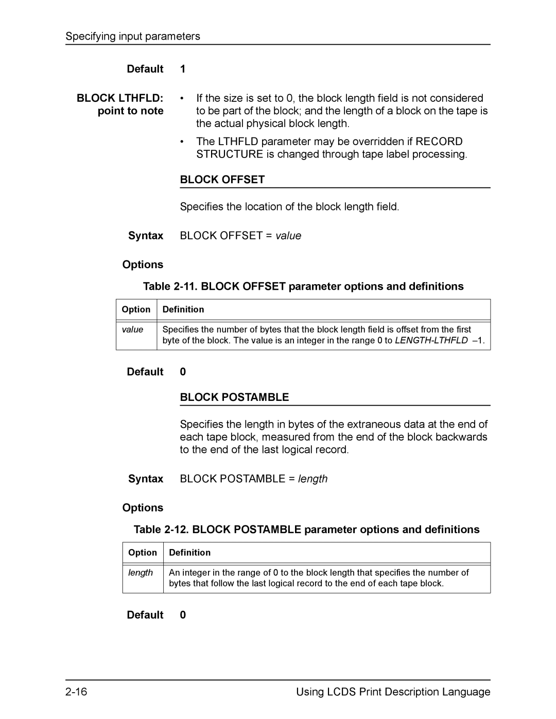 Xerox FreeFlow Point to note, Syntax, Options 11. Block Offset parameter options and definitions, Block Postamble 