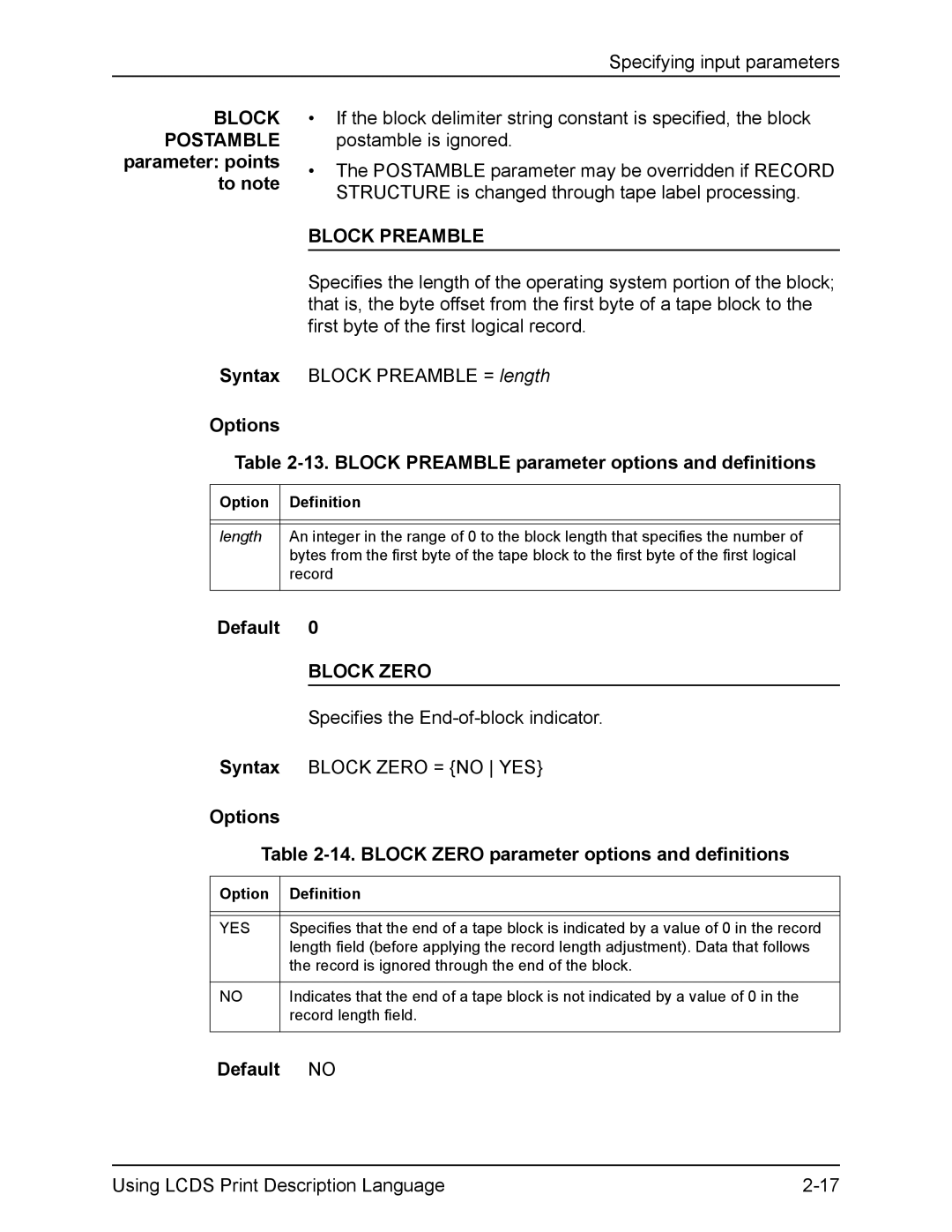 Xerox FreeFlow manual Block Postamble parameter points to note, Block Preamble, Block Zero, Default no 