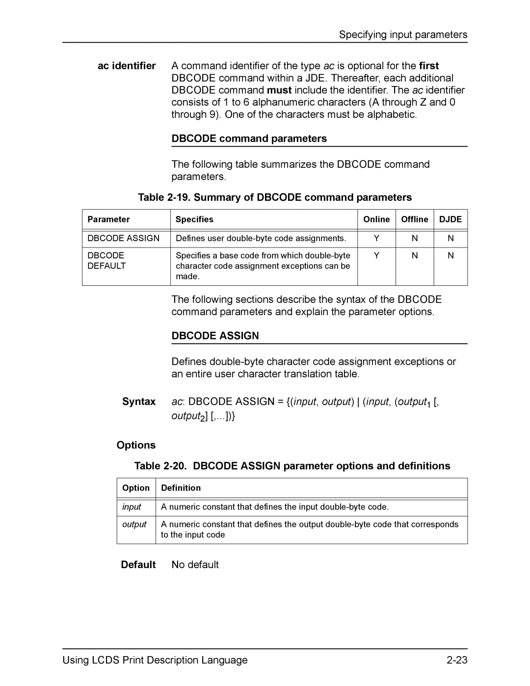 Xerox FreeFlow manual Summary of Dbcode command parameters, Dbcode Assign 