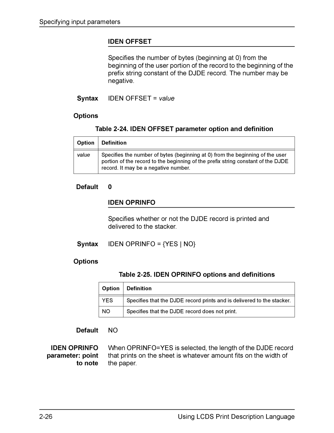 Xerox FreeFlow manual Options 24. Iden Offset parameter option and definition, Iden Oprinfo, Parameter point 